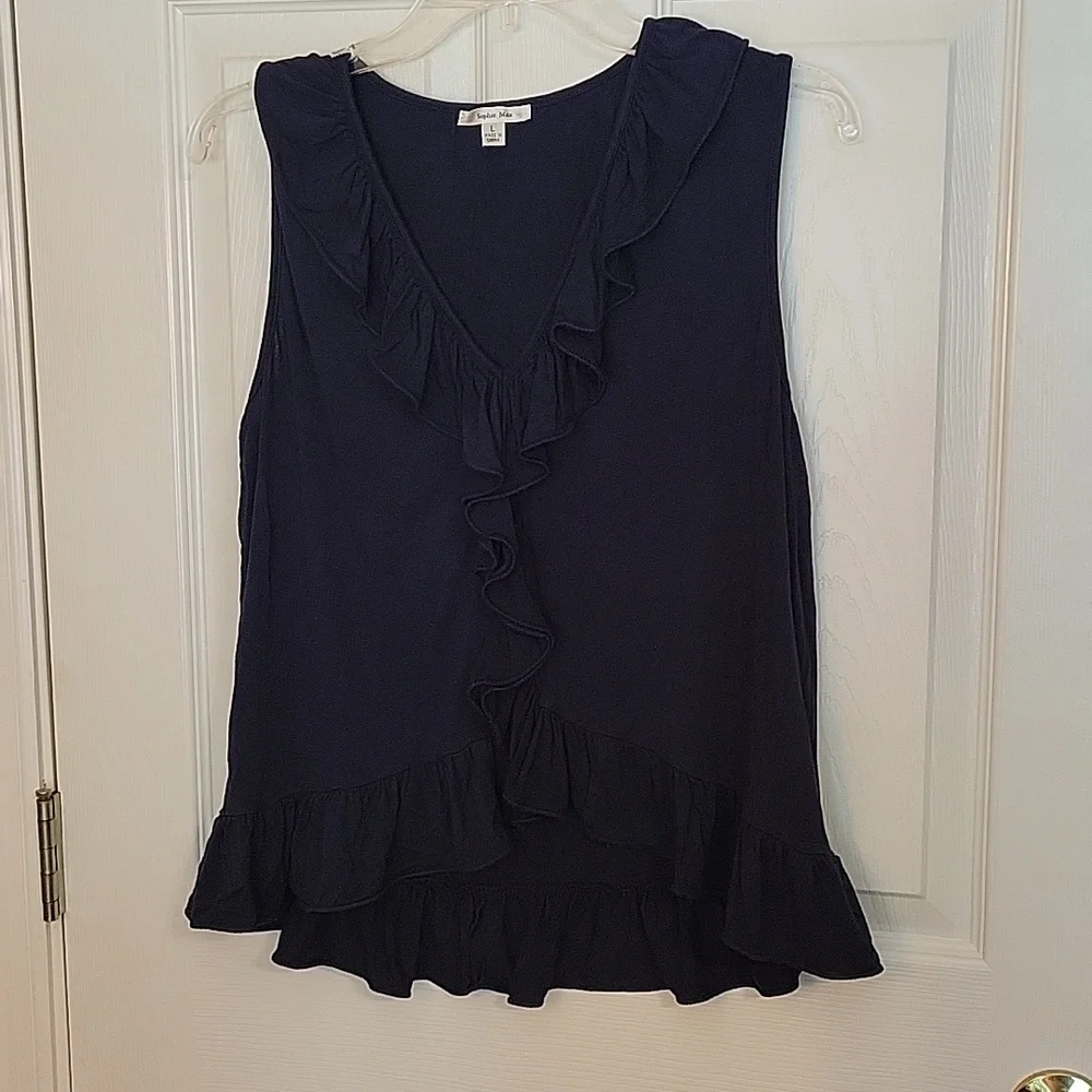 Sophie Max Ruffled Blouse Large Navy Sleeveless